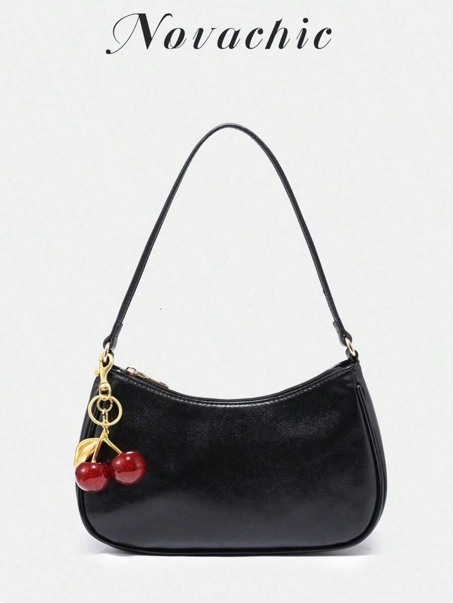 Women's Fall Outfits, Floral Patterned Fabric, Cute Pendant Decor, Cherry Pendant, Women's Minimalist One Shoulder Bag, Zipper Closure, Retro Style, Underarm Bag, Suitable For Multiple Occasions Glossy Leather,Shoulder Bags For Women,Handbags For Women,Cherry Keychain,Bag Charms,Black Purse,Carteras Para Mujer,Purses And Bags Women,Bolsos Para Mujer, Valentine's Day,Valentines,Carteras Para Mujer,New Year,    [Cherry Accessory Included Randomly] Please Do Not Purchase If You Mind.,Valentine's Day,New Year - 黑色 - 查看 1
