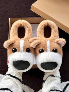 Pantoufles en peluche d'animal Corgi, confortables, chaudes, en fausse fourrure épaisse, bottes de neige d'hiver minimalistes et mignonnes pour femmes, pantoufles d'intérieur pour hommes, unisexes pour couples, pantoufles amusantes, cadeau du Nouvel An - Kaki - Voir 8