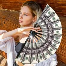 1pc Retro Dollar Pattern Foldable Handheld Fan, A Unique Party And Photography Prop, Perfect As A Gift For Christmas, Mother's Day, Father's Day And Birthdays - Multicolor - View 3