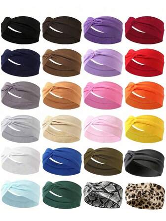 24pcs/12pcs Women Solid Color Leopard Paisley Criss-Cross Headbands, Versatile Daily Fashion Hair Accessories, Winter Scarf Headwrap For Ladies