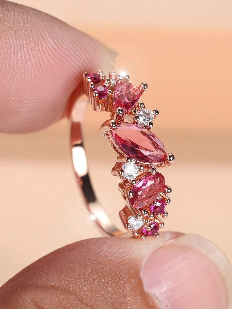 1 chiếc nhẫn Zirconia hai tông màu thanh lịch, đa năng, trang sức cao cấp dành cho nữ, món quà lý tưởng cho ngày Valentine. - Hoa hồng hồng - Xem 1