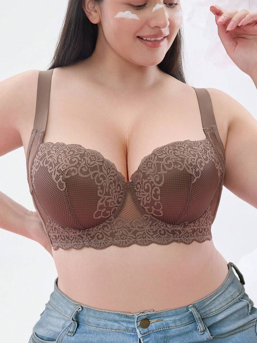 Sujetador con aros de encaje floral de talla grande - Tirantes anchos cómodos, diseño de cobertura total, detalles delicados de encaje, aros de soporte que levantan y dan forma, perfecto para mujeres curvilíneas que buscan elegancia y soporte durante todo el día.