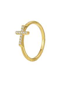 Charm-In 1 pieza Anillo de mujer con diseño de cruz de latón chapado en oro de 18K y circonita cúbica, regalo para el Día de San Valentín, Día de la Madre - Dorado - Ver 10