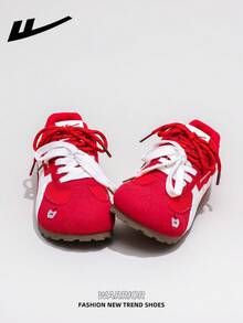 1 Pair WARRIOR Women's Thick Sole Lace-Up Soft Bottom Casual Shoes, Low-Top Outdoor Flat Shoes, Round Toe Low Heel Non-Slip Solid Color Elegant Soft Bottom Hiking Shoes, Suitable For Students, Graduation Photos, Flat Shoes, Low-Top Leather Sports Skateboard Shoes - Red - View 4