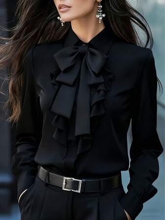 Blusa de manga larga elegante para mujer, con cuello de corbata negro con detalles de volantes y lazos, ajuste regular, adecuada para el trabajo, primavera, otoño e invierno