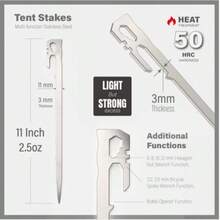 6 PCS 11 inch Tent Stakes Multifunctional -- Stainless Steel Heavy Duty Camping Pegs 2.47 oz Light Weight and Portable Wind Resistant Size for Camping Backpacking Garden Hammocks and Canopy.
