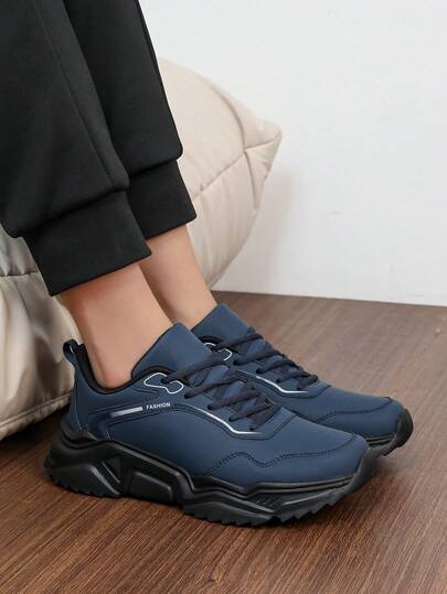 Men's Casual Solid Color & Printed Non-Slip Durable Formal Outdoor Lace-Up Low-Top Sneakers, Fashionable Retro Minimalist PU Sports Shoes, Tennis Shoes, Suitable For All Seasons