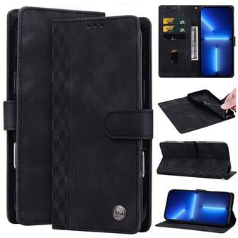 GLANDOTU Un estuche de cuero PU con textura y un diseño grabado en relieve con un patrón de tablero de ajedrez. Es una funda tipo billetera delgada, minimalista y lujosa para una amplia gama de marcas y modelos de teléfonos móviles, con un compartimento para tarjetas y soporte.