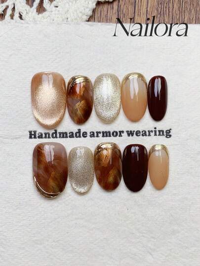 10pcs Handmade Nails Oval Nails Acrylic Press On Nails Short, Minimalism Brown Nails Gradient, Flashy Cateye, Handpainted Metallic Line, Gold Foil Inside, Simple Elegant Luxury Winter Nails, Minimalist Aesthetic Spring Press On Nail, Versatile Nails DIY False Nail Art Party Daily & Dating Suitable Use In Work Setting Reusable, For Women & Girls As Gift Nail Supplies
