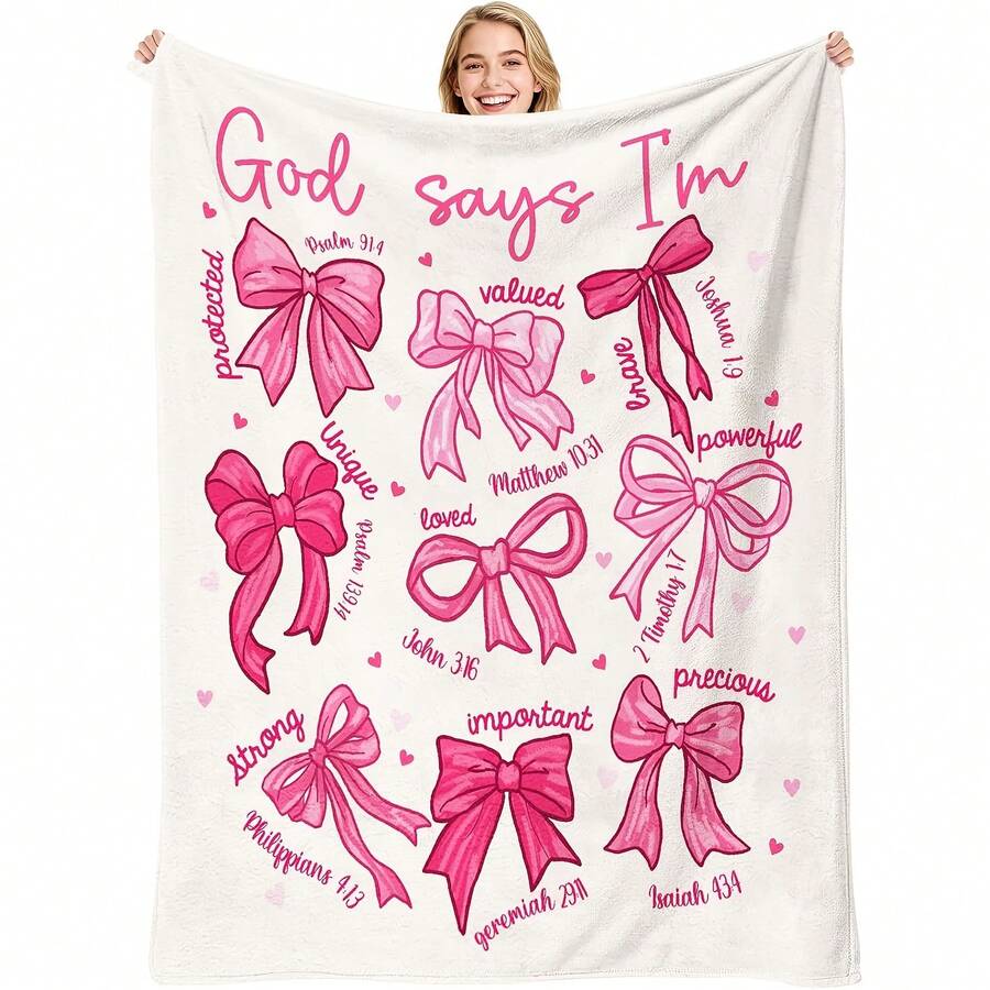 Activate Jit 1pc Pink Bow Christian Blanket, Bow Flannel Blanket, God Said I Am Bible Verse, Religious Women, Inspirational Jesus Prayer, Home Decoration Blanket - Grey - View 1