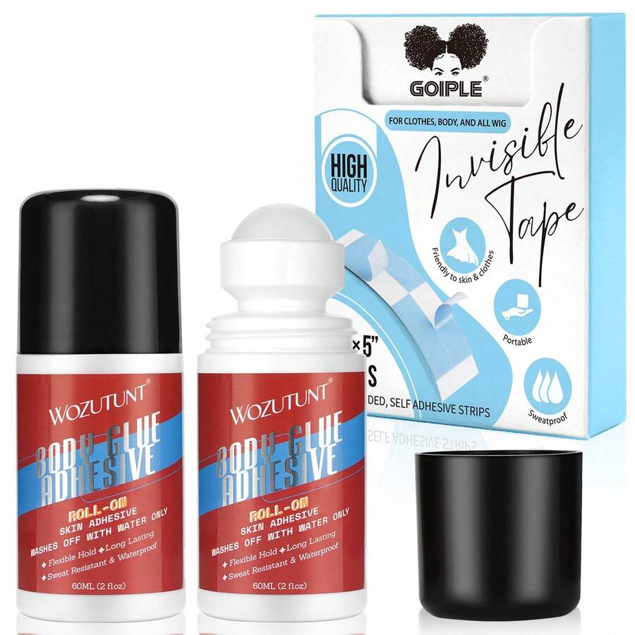Goiple Invisible Tape & Body Glue Adhesive Roll-On Set: Water-Washable Skin Adhesive (Sweatproof, Skin-Friendly) + 1/4"*5" Double-Sided Strips – Portable, Secure Hold For Clothes, Body, Wig, Activewear & Daily Styling - 38 chiếc - Xem 1
