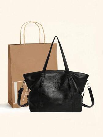 Nueva moda Bolso de hombro de cuero suave de unicolor, elegante y versátil de gran capacidad, estilo retro simple para ir y venir. Bolso grande de estilo europeo y americano, de alta gama y casual, tipo tote para la escuela, compras, viajes, mujeres