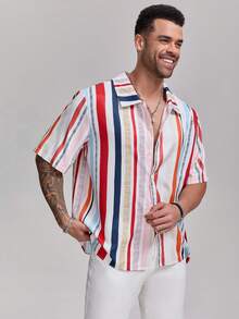 1pc Men's Contrast Color Red & White Striped Textured Polo Collar Single-Breasted Short Sleeve Shirt, Fashionable & Versatile Casual/Work Wear, Elegant For Holiday Parties, Suitable Gift For Father, Boyfriend, Dad, Friends - Red - View 5