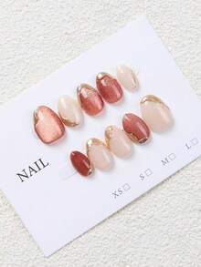10 miếng dán móng tay hình oval màu cam và vàng sâm panh họa tiết mắt mèo, viền vàng, thích hợp dùng hàng ngày và trong các dịp lễ, có thể tái sử dụng, tuyệt vời cho phụ nữ và các cô gái, miếng dán móng tay nghệ thuật đáng yêu. - Màu be - Xem 4