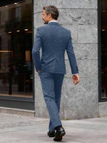 Slim Fit Herringbone Tweed 3-Piece Men's Suit | Retro Wedding Groomsmen Tuxedo (Jacket+Vest+Pants) - 藍色 - 查看 3