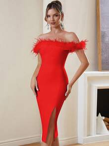 Off-Shoulder Slit Bodycon Bandage Dress With Frayed Trim, Suitable For Cocktail Parties - Red - View 4