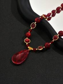 1件时尚高品质红色亚克力串珠吊坠项链，适合女性日常及派对佩戴，礼品 - 酒紅色 - 查看 4