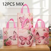 Bộ 4/12 túi tote họa tiết hoa và bướm, túi quà tặng cao cấp bằng vải không dệt màu hồng, túi mua sắm đa năng cho các buổi họp mặt gia đình, tiệc sinh nhật, thích hợp cho Ngày Valentine, Ngày của Mẹ, Lễ Tạ ơn và các ngày lễ khác. - Nhiều màu - Xem 10