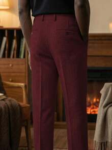 Mens Pants Tweed Herringbone Vintage Dress Pant Trousers Regular Fit Suit Pants For Men - 酒紅色 - 查看 2
