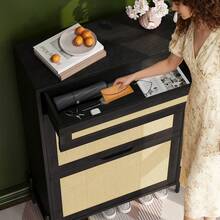 Zapatero de Ratán Slim con Almacenamiento Oculto de 2 Puertas Abatibles, Estantes Regulables, Mueble Independiente para Salón y Entrada - Negro - Ver 7