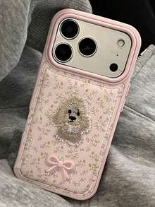 时尚可爱花卉刺绣小狗蝴蝶结软壳手机壳，兼容 17 Pro Max、17 Pro、17、16、15、14、13 Pro Max，防摔后盖 - 粉色 - 查看 1