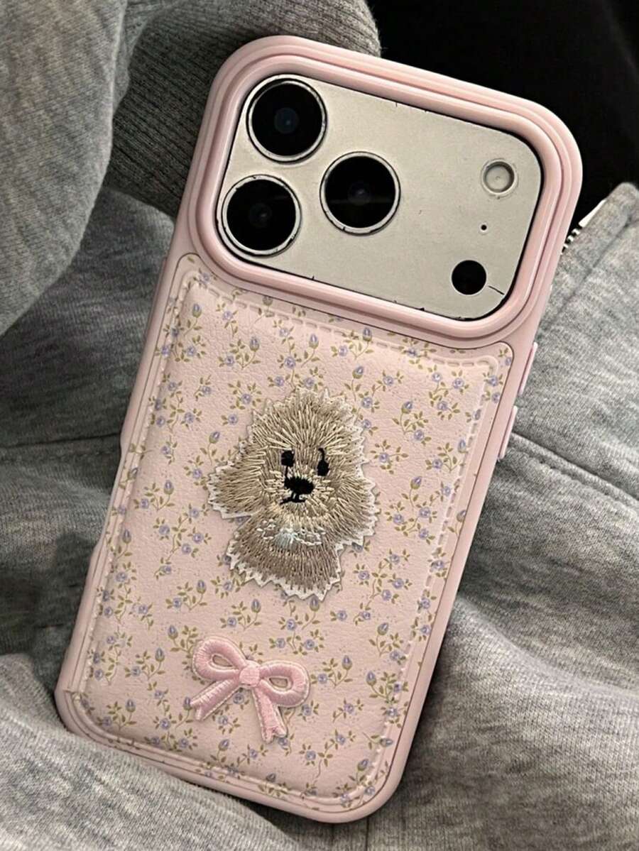 时尚可爱花卉刺绣小狗蝴蝶结软壳手机壳，兼容 17 Pro Max、17 Pro、17、16、15、14、13 Pro Max，防摔后盖 - 粉色 - 查看 1