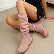 2025 Autumn And Winter Women's Boots Flat Bottom Round Toe Mid-Calf Boots New Style Non- Slim Side Zipper Pleated Stacked Western Boots - 粉色 - 查看 4