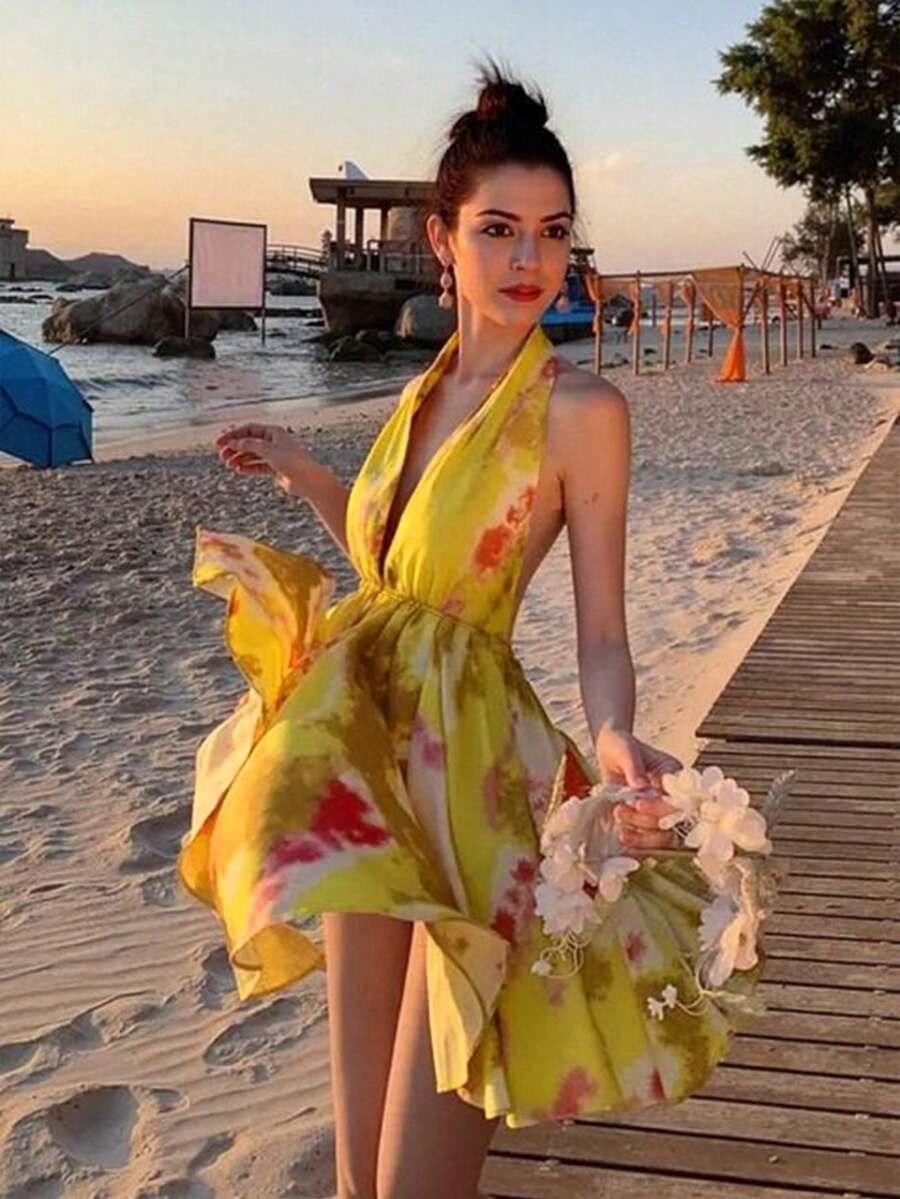 女士印花V领无袖露背短款吊带连衣裙，度假风、波西米亚风、波西米亚连衣裙、复古风、圣帕特里克节服装、复活节服装、夏季服装、圣帕特里克节、波西米亚风、西部牛仔女郎服装、演唱会服装、锐舞音乐节服装、乡村音乐节服装、纳什维尔服装、伊比沙岛服装、西部牛仔女郎服装、仙女风、毕业礼服 - 黃色 - 查看 1