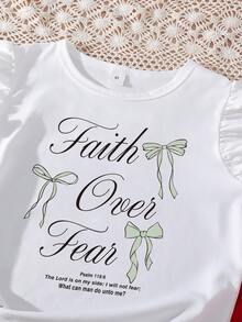 少女字母蝴蝶结印花荷叶袖T恤搭配腰带半裙休闲套装 - 綠色 - 查看 3