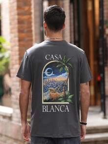 男士休闲百搭简约美式街景艺术相关元素短袖T恤 - 深灰色 - 查看 3