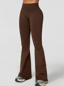 NcmRyu 1件装 女士纯色无缝简约高腰弹力提臀喇叭运动裤 春季 - 摩卡棕 - 查看 10