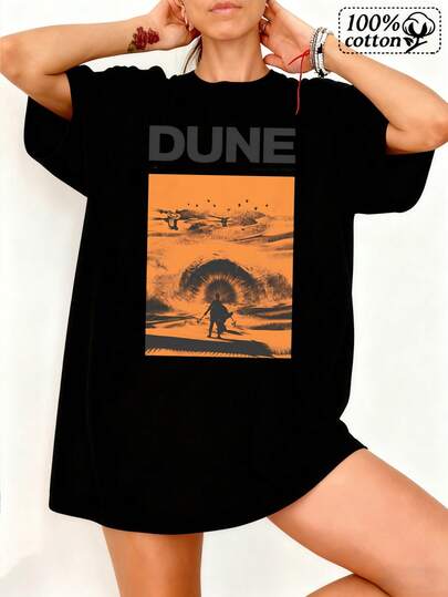 Women's Casual Cotton Round Neck Short Sleeve Dune Graphic Print Drop Shoulder T-Shirt Top Comfortable And Stylish For Everyday Wear