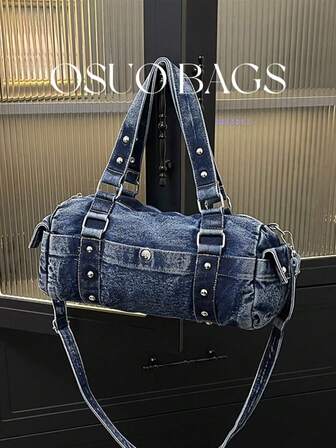 1pc Spring/Summer New Denim Tie Dye Large Capacity Rivet Decor Shoulder Bag, Multi-Pocket Punk Retro Denim Fashion Handbag, Suitable For Commuting And Travel