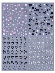 4片可爱浪漫星星爱心美甲贴纸，黑色粉色蝴蝶结爱心波点美甲贴花，3D自粘美甲装饰，适合女性、女孩、情人节、婚礼等场合。 - 彩色 - 查看 5
