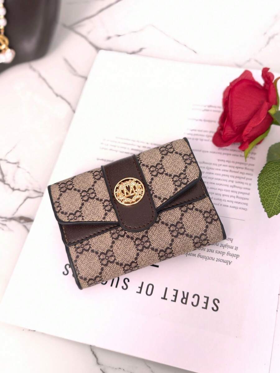 3-Fold Women Flap Closure Flower Print Short Wallet Brown Classic Multi-Card Holder Anti-Theft Bank Card Holder Fashionable Retro Coin Purse For Women Wallet Mini Wallet Purse Wallet Small Wallet Cute Wallet - Brown - View 1
