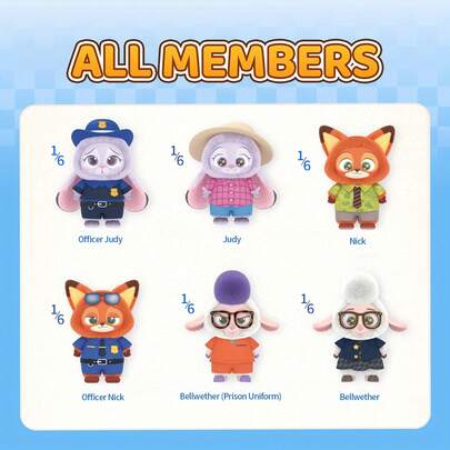 Miniso 名创优品迪士尼疯狂动物城电影角色毛绒玩具，包括尼克·王尔德狐狸、朱迪·霍普斯兔子、领头羊绵羊等，柔软可爱，配有警官制服和休闲装，是可爱的桌面摆件，适合粉丝收藏，也是生日、情人节、复活节、万圣节、感恩节、圣诞节、新年等节日礼物的理想之选。