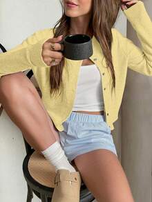 FOR BEAUTY 女士圆领扭花贝壳针织开衫，休闲纯黄色毛衣外套，春季上衣 - 鮮黃 - 查看 3