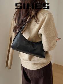 1 pieza Bolso de hombro de mujer de unicolor de piel de PU, bolso de axila en forma de media luna de moda, cierre con cremallera, diseño plisado, correa ajustable, adecuado para chicas, damas, estudiantes universitarias, jóvenes profesionales, oficina, escuela, trabajo, negocios, viajes, compras - Negro - Ver 10