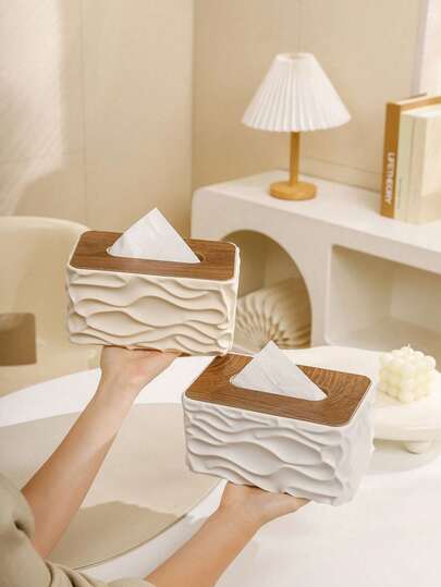 1pc Large Capacity Tissue Box With Wooden Lid, Elegant Modern White Plastic Tissue Holder, Open-Top Design With Rounded Corners, Spring-Loaded Base, Suitable For Bedroom, Bathroom, Office, Dining Room, Living Room, National Day, Valentine's Day And Other Occasions