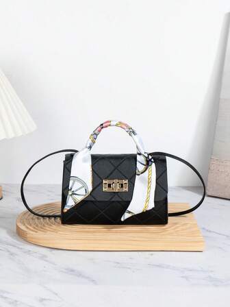 Svart rutig präglad halsduk för kvinnor, mini fyrkantig väska för högtider, mångsidig modeväska för kvinnor