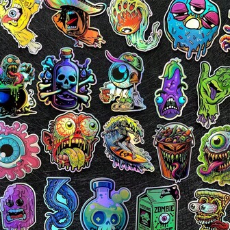 43张激光雕刻怪异生物贴纸 | 酷炫卡通恐怖风格贴纸，防水乙烯基材质，适用于汽车/摩托车/笔记本电脑，青少年及成人独特装饰，完美装饰您的爱车和电子设备