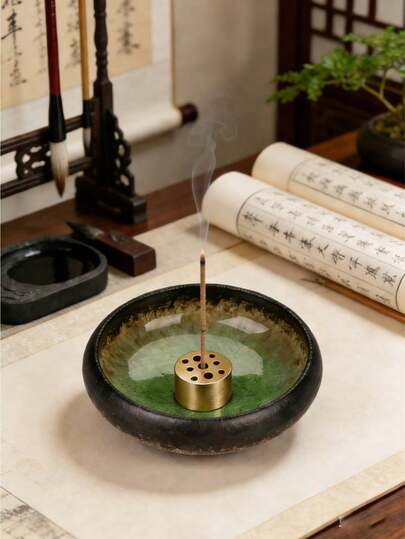 1Set-Retro Ceramic Incense Burner With Copper 9-Hole Movable Incense Stick Handmade Incense Stick Incense Burner Reflux Ash Catcher,Ceramic Plate, Coil Incense, Smudge Bowl For Yoga Meditation Room Decoration Ash Tray