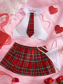 Conjunto de Presente Surpresa do Dia dos Namorados com 4 Peças, Conjunto de Lingerie Sexy Feminina com Top Sem Mangas com Gravata no Pescoço e Colarinho, Saia Mini Xadrez com Fenda, Tanga Monocromática, Roupa Íntima Confortável para Sedução, Traje de Festa de Carnaval - Vermelho - Visão 2