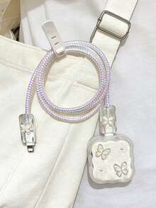 5pcs Resin Rhinestone Butterfly TPU Charger & Data Cable Protector Case, Compatible With Apple 17 Pro Max/40W Charger Anti-Bending Protection - Multicolor - View 4