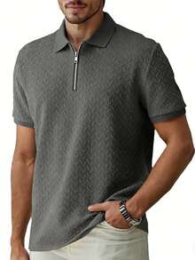 男士四分之一拉链 Polo 衫，纹理人字纹针织短袖休闲高尔夫球衫 - 灰色 - 查看 6