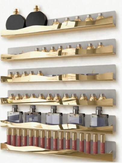 Estante acrílico de 15 pulgadas para esmalte de uñas, organizador con espejo dorado montado en la pared para esmalte de uñas, gafas de sol, aceites esenciales y talla grande, bolsa de maquillaje, artículos de viaje esenciales