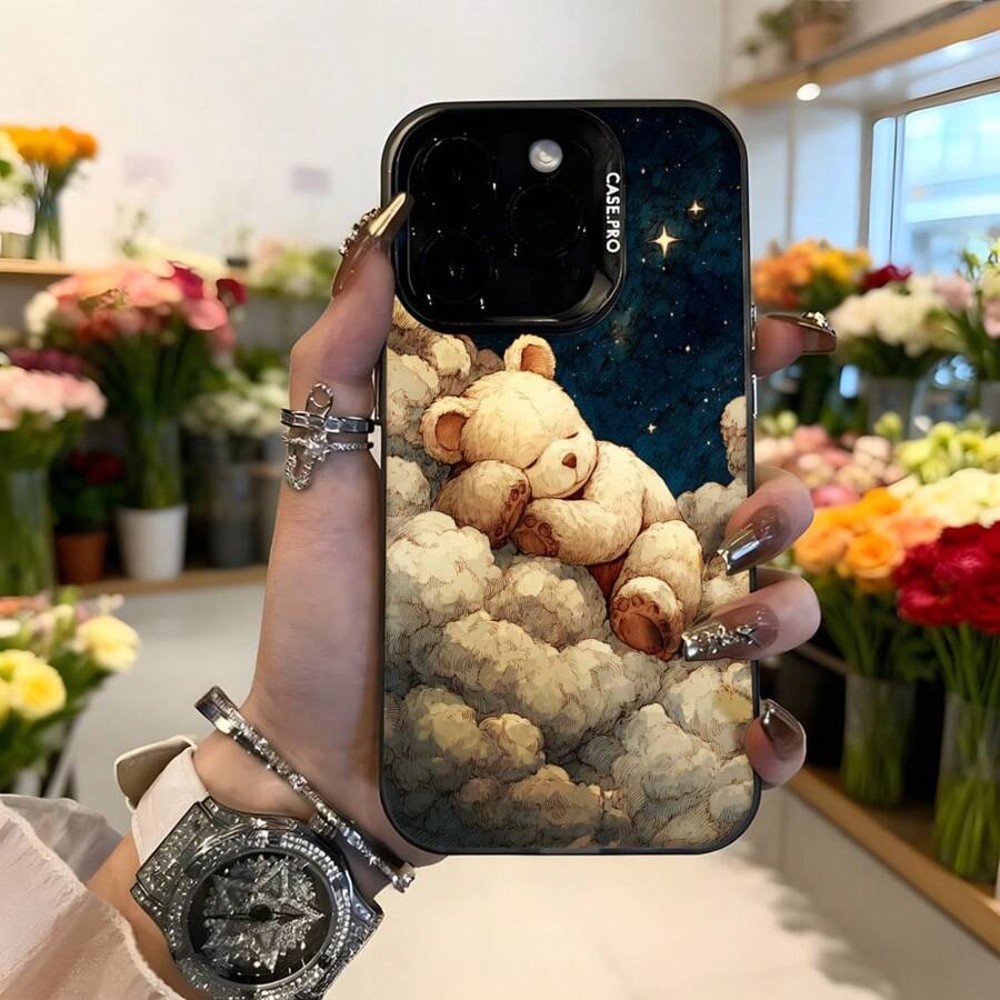 Cubierta de teléfono con diseño de oso dormido en nubes estrelladas color azul oscuro y blanco para mujeres elegantes uso diario y regalo,Aplicable a los teléfonos de la serie Apple y Galaxy - Negro - Ver 1