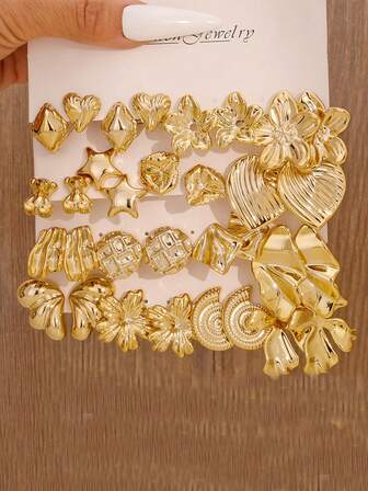 1 Set modische & elegante CCB Herz, Blume, Schmetterling, Stern, Bär geometrische Muster Multi-Element Ohrringe Set, geeignet für den täglichen Gebrauch von Frauen, Urlaub & Geburtstagsgeschenk, Lässig