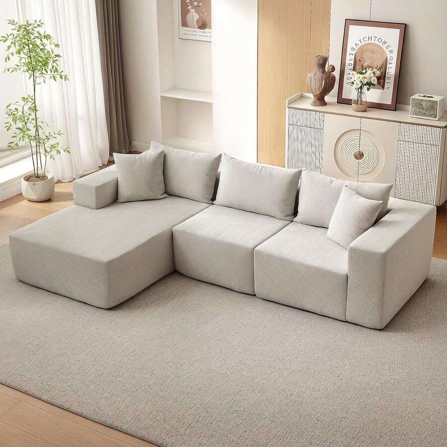 Techigher 108" Modular Sectional Sofa, Boneless Couch With L-Shape Chaise, Upholstered Cloud Couch With Deep Seat For Living Room, Bedroom - Beige_Left Chaise - View 1