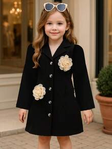 Vestido elegante con cuello bordado para niñas, conjunto formal para ocasiones especiales - Negro - Ver 7